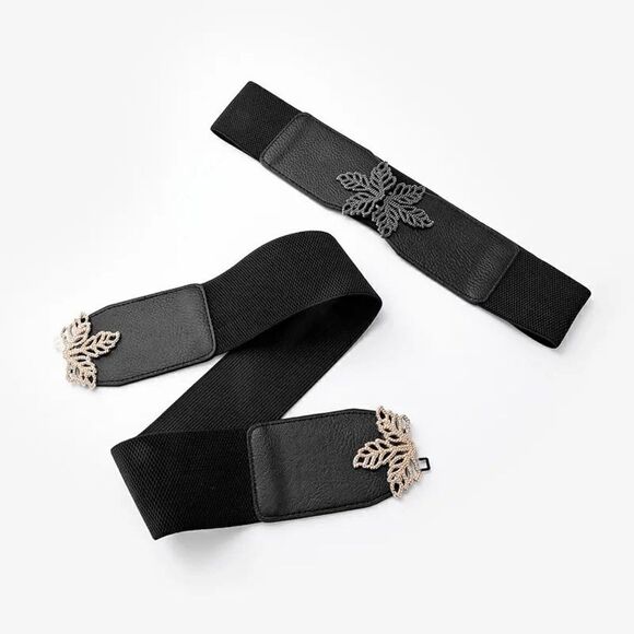 2/$21 Ladies Black Leaf Fashion Stretch Belt - Picture 3 of 6